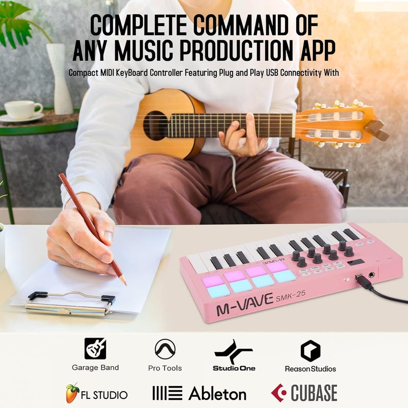 M-VAVE 25 Key USB MIDI Keyboard Controller With 8 Backlit Drum Pads, Bluetooth Semi Weighted Professional dynamic keybed 8 Knobs and Music Production,Software Included (Pink) - Image 2